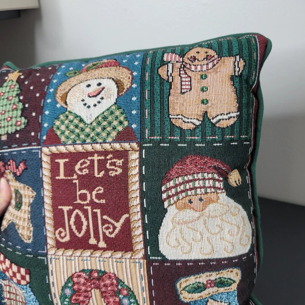 Vtg Tapestry Festive Holiday Pillow with Snowman and Santa Design